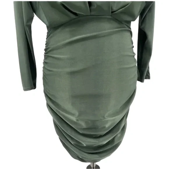 SOLD! Olive Green Surplice Batwing Midi Ruched Long Sleeve Dress Size Medium/8 - Picture 9 of 10